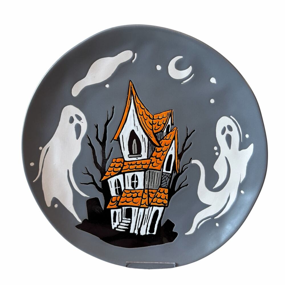 Eli + Ana Halloween Ghost Dinner Plates 11in Haunted House Set of 4 Ceramic NEW